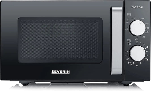 Severin 800W/1000W Forno a microonde, 46, 2x39, 5x27 cm, 20 L, 800/1000 W, grill, libera installazione, acciaio inox, nero, Fondo Piatto in Ceramica