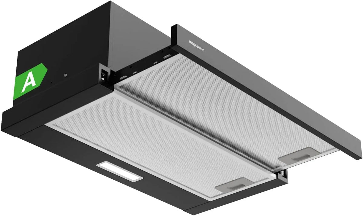 Cappa aspirante, 60 cm, 370 m3/h, 65 dB, classe energetica A, cappa da cucina, nero, LED, Estrazione, Ricircolo, Filtro al Carbone Incluso