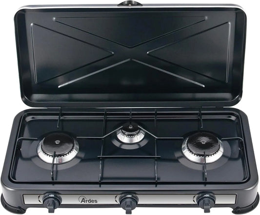 3 Fuochi, Cucina a Gas Butano Portatile, Potenza Totale 2, 9kW, ARDES AR1FG03, Griglia Removibile, Coperchio di Trasporto, Fornello Camping Gas GPL
