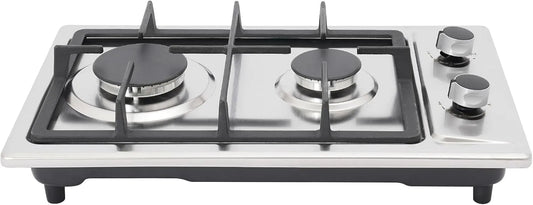 Piano cottura a gas, 2 fuochi, portatile, acciaio inox, fornello a gas, argento, riduttore di pressione e tubo del gas da 1, 75 kW, 3 kW + 1, 5 m