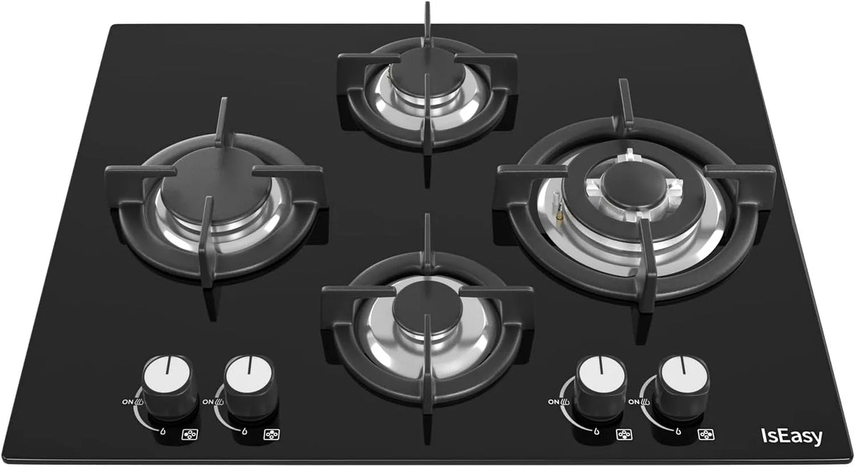 Piano cottura a gas, 64cm, 4 fuochi, da incasso, ghisa, fornello a gas, Protezione Flame-Out, per Gas Naturale, Propano